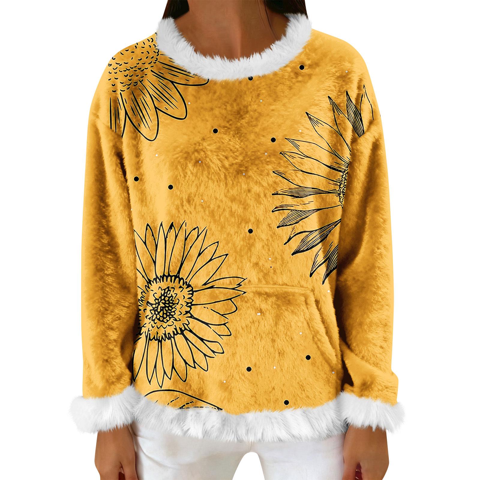 

Женский повседневный флисовый свитшот с длинными рукавами и круглым вырезом, удобный, свободного кроя, легкий, фланелевый свитшот для женщин XL жёлтый