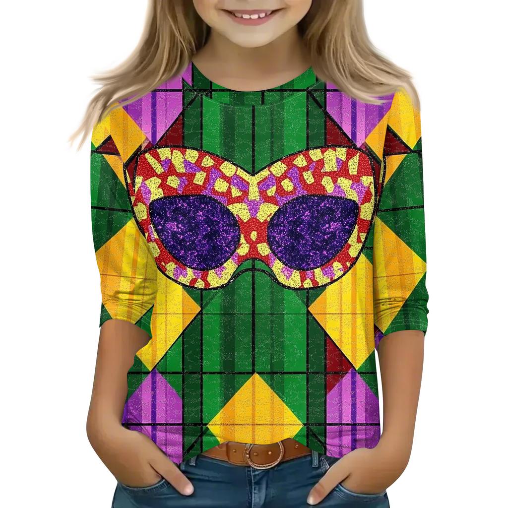 Print Tops For Youth Girls Round Neck 3/4 Sleeves T-Shirts Trendy Tops Outfit Tees