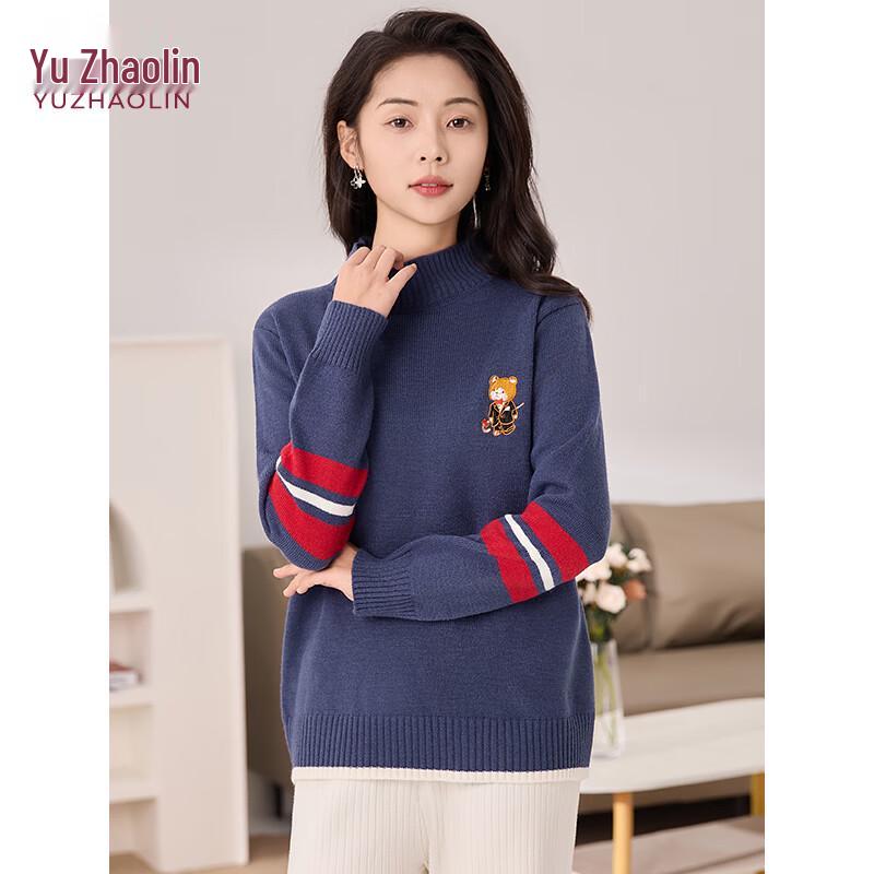 YUZHAOLIN Women s Bear Embroidered Color Block Knit Sweater M