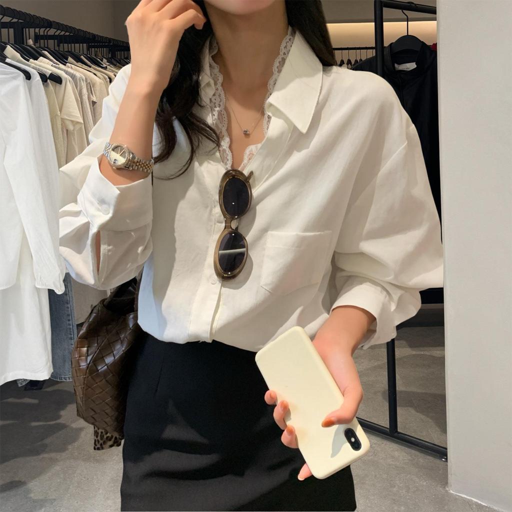 Korean Style V-Neck Lace Patchwork Blouse for Women - Autumn Edition