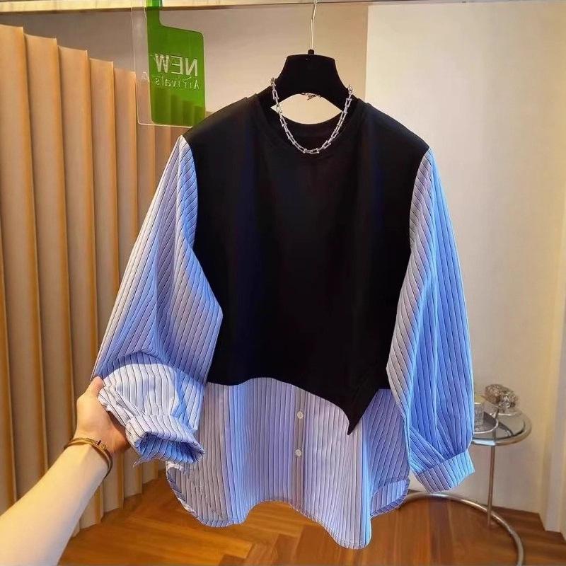 Damen Übergröße Gestreiftes Zwei-in-Eins Sweatshirt - Schlankmachendes Langarm-Oberteil für den frühen Herbst 2025