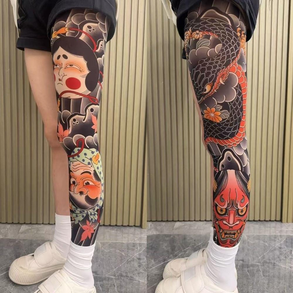 1 Paar Atmungsaktive Tattoo-Socken Japanischer Stil Ganzbein-Strumpf Herren Sonnenschutzsocken Angeln