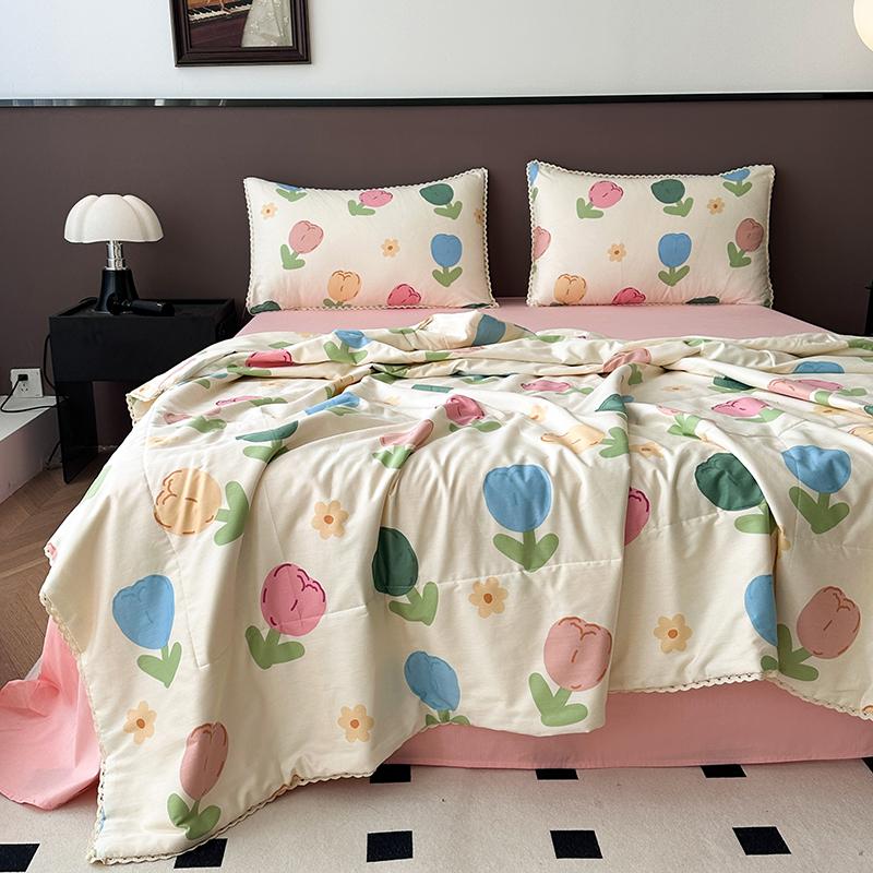 Rose Garden Vintage Floral Summer Quilt Khaki 100% Cotton Reversible Thin Comforter Bedding Set Air Conditioner Quilts Bedspread
