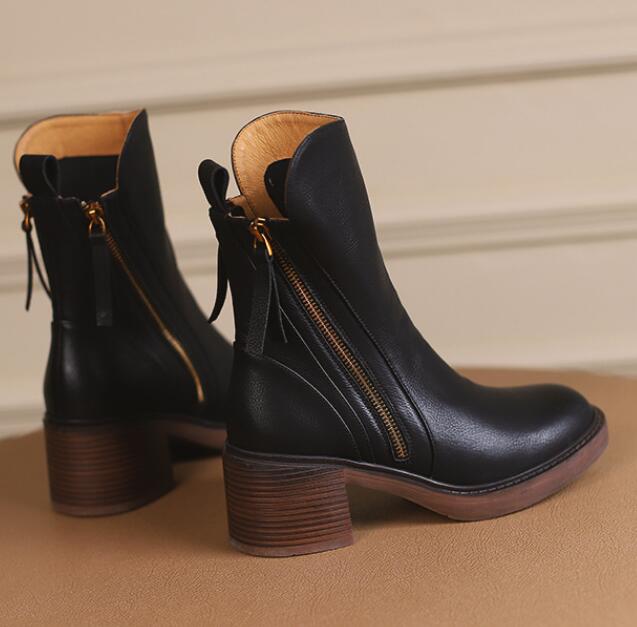 

New Autumn Women Shoes Leather Short Boots for Women Round Toe Chunky Heel Boots Zipper Ankle Boots Female Platform Heel C1056 34 коричневий