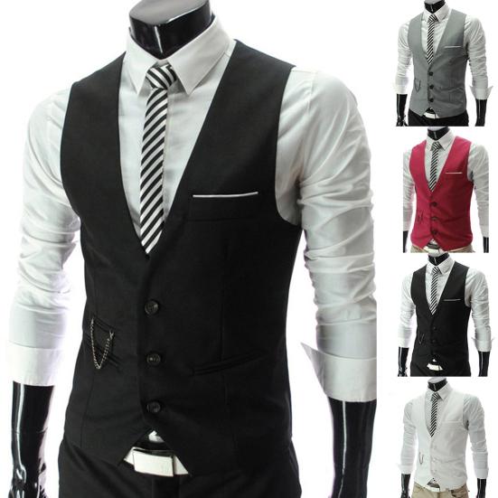 Fashion Men Solid Color V Neck Sleeveless Button Pocket Blazer Suit Waistcoat