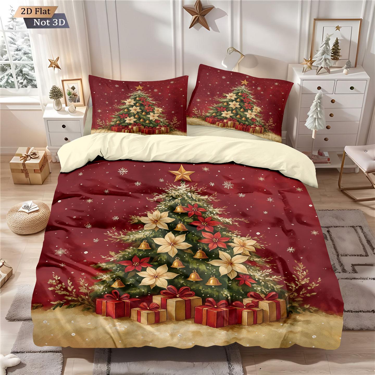

3pcs red Christmas tree print coreless bedding set, multi size bedroom and dormitory duvet cover machine washable decoration 140x210cm-AU-Single&set