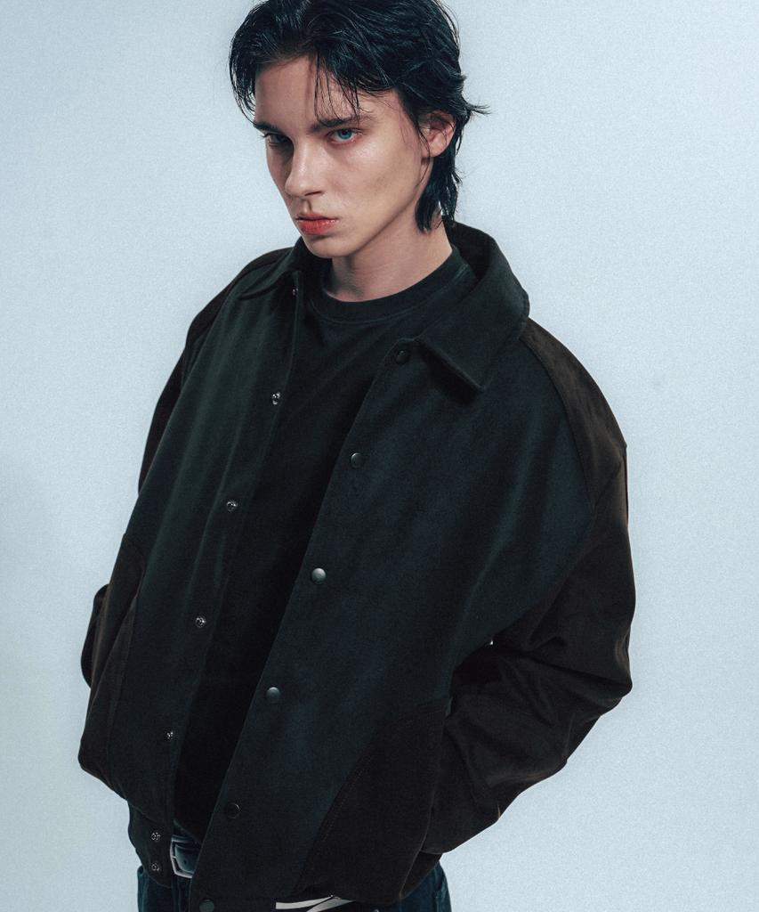 Rowdy Vegan Suede Mix Fitted Varsity Jacket_Black