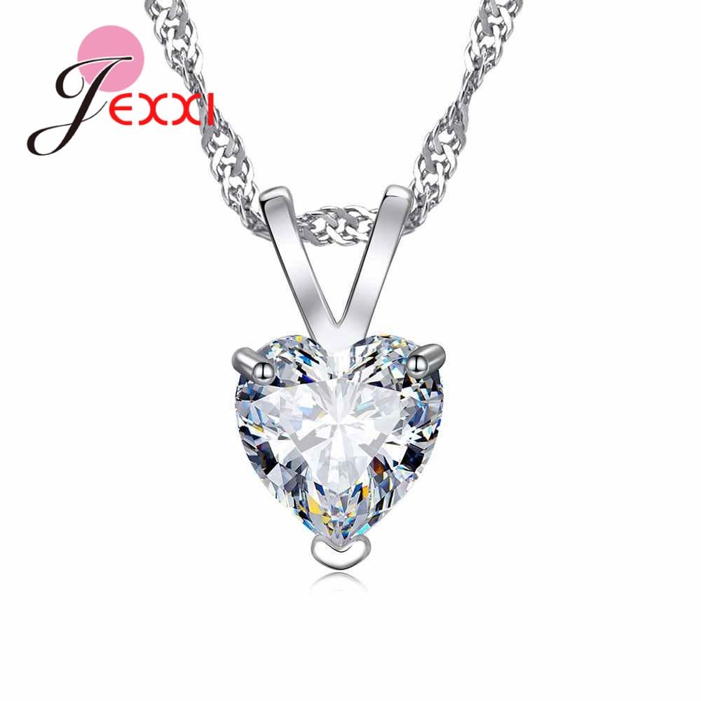 Romantic Genuine 925 Sterling Silver Heart Pattern Crystal Pendants Necklaces For Women Wedding Gift Engagement Accessory