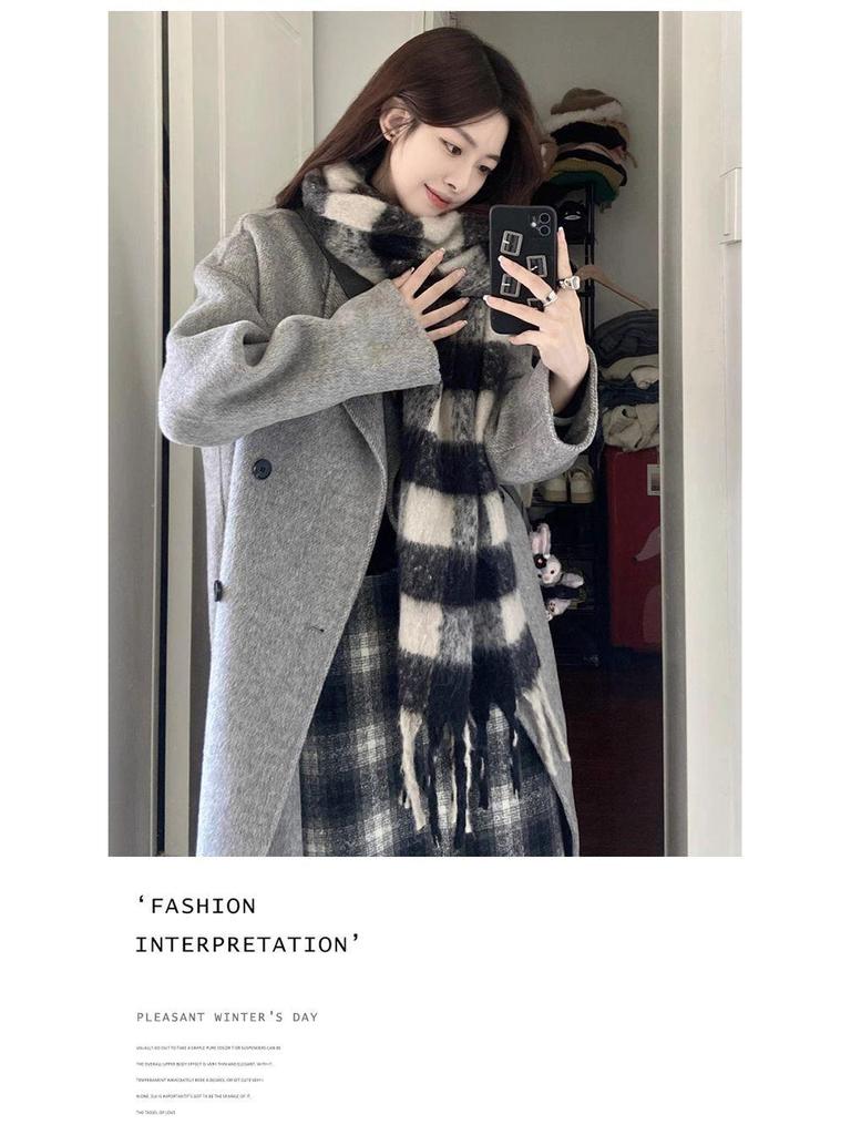 2025 Damski szary wełniany płaszcz: Średniej długości, pogrubione, koreański styl na jesień/zimę