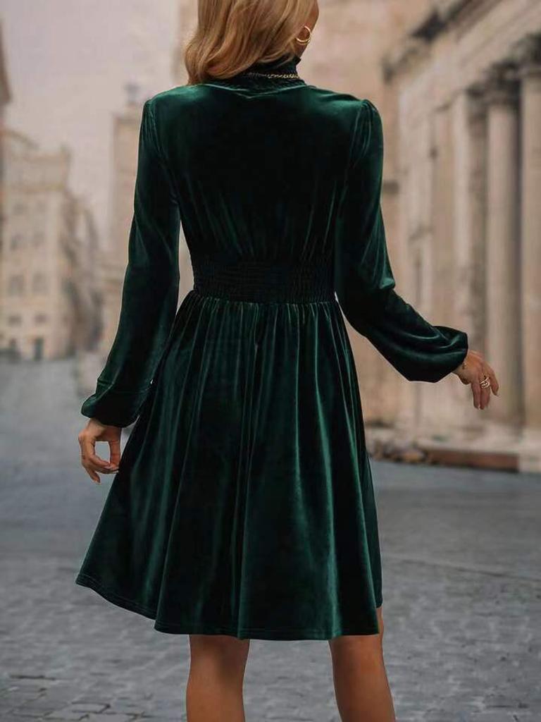 Women's Autumn Winter Fashion Bubble Sleeve Velvet Dress