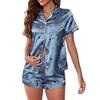 Satin Pyjamasæt til Kvinder Kortærmet Knaplukning Skjorte og Shorts Nattøj Sommer Hjerteprint 2 Dele Loungewear
