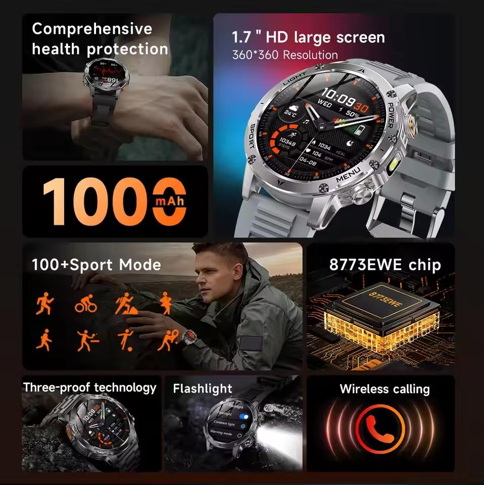 2026 Smartwatch T-REX3 1000mAh Großer Akku HD Bluetooth Anruf 1,7 Zoll Großer Bildschirm LED Taschenlampe Sport Wasserdicht Smartwatch Herren