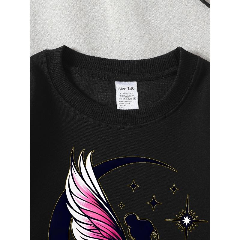Kids Sweatshirt,Crew Neck Fashion Top, Fun "Moon Fairy Wings Star" Patterned Sweatshirt, for Everyday Casual Wear,for All Kinds of Daily Outfits