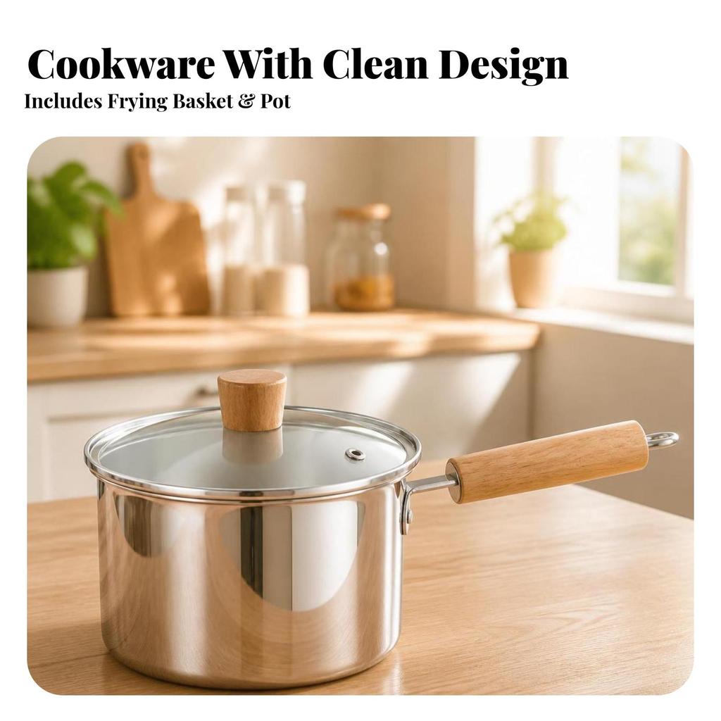Saucepan with Glass Lid Heat-Resistant Milk Pan Wooden Handle Easy To Clean