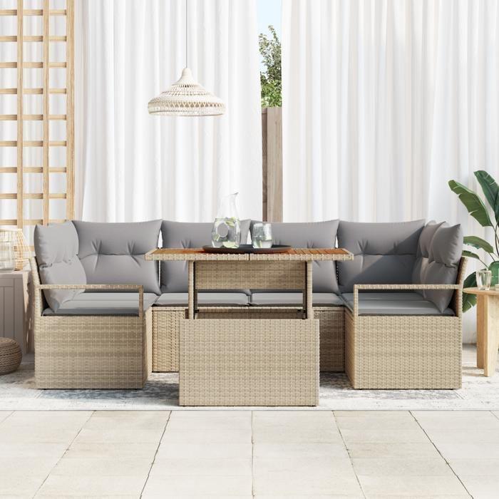 Canapé de jardin 7 pièces vidaXL avec coussins rotin poly beige acacia, Canapé jardin 2 places vidaXL avec coussins rotin 3349664
