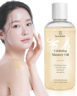Seoulskin Exfoliating Shower Oil With 1% Salicylic Acid & 1% Lactic Acid | For Body Acne, Strawberry Skin, De-Tan | With Avocado & Rosehip Oil | Ge