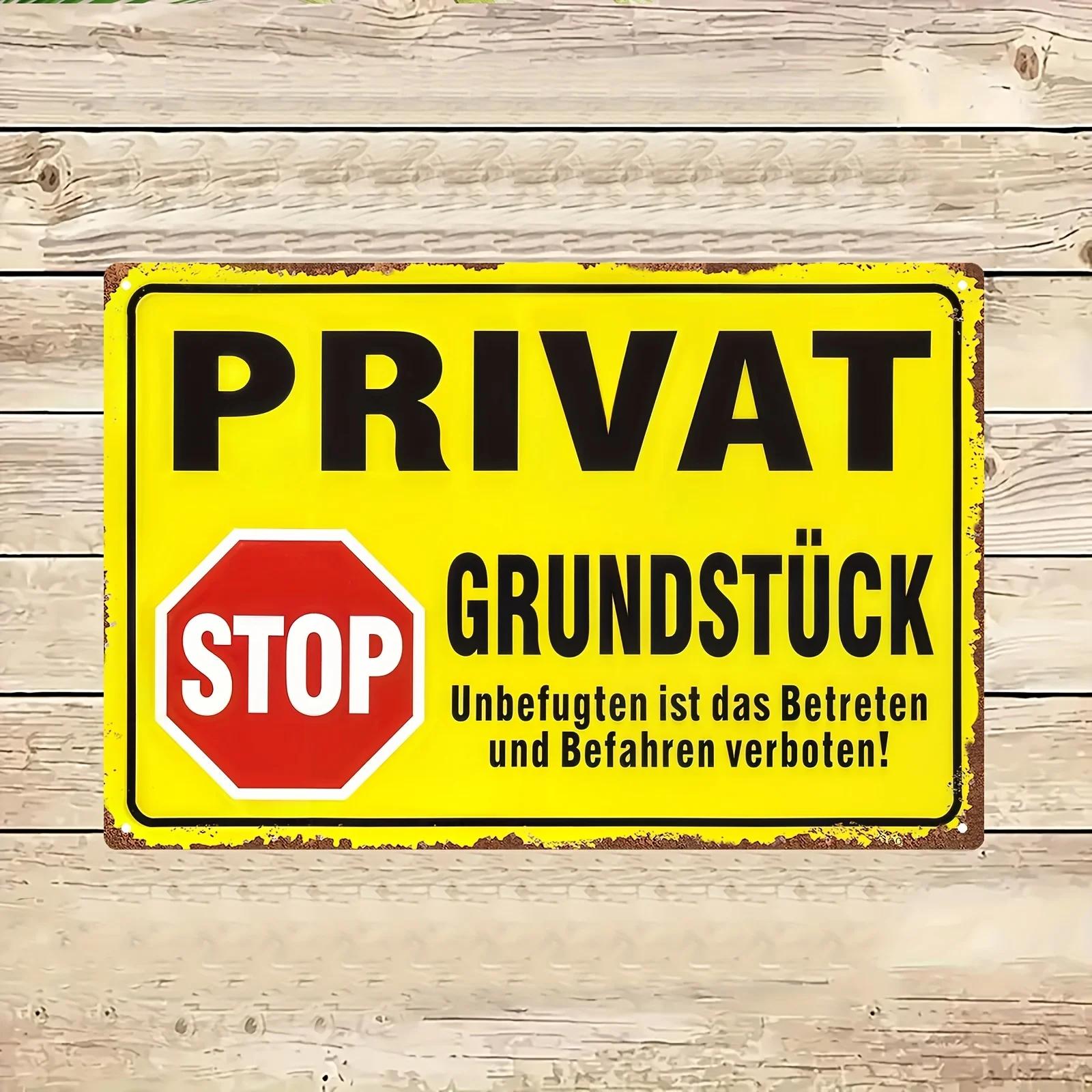 Private Property  Metal Sign    German Text Warning Sign Rustic Yellow  Red Retro Farmhouse Decor No EntryPassage Required 20x30cm（7.8x11.8inch）