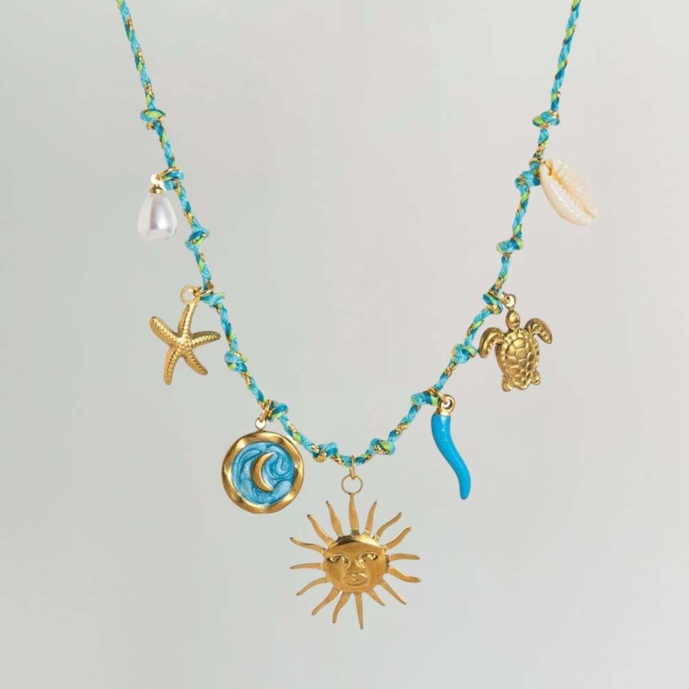 Ocean Style Woven Rope Collarbone Chain 3D Mini Metal Sun Necklace  Men