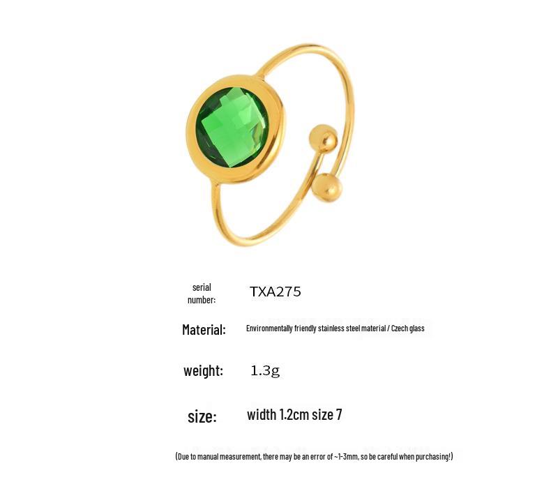 Qiong Yao Round Czech Glass Stone Sparkling Stainless Steel Open Tail Ring