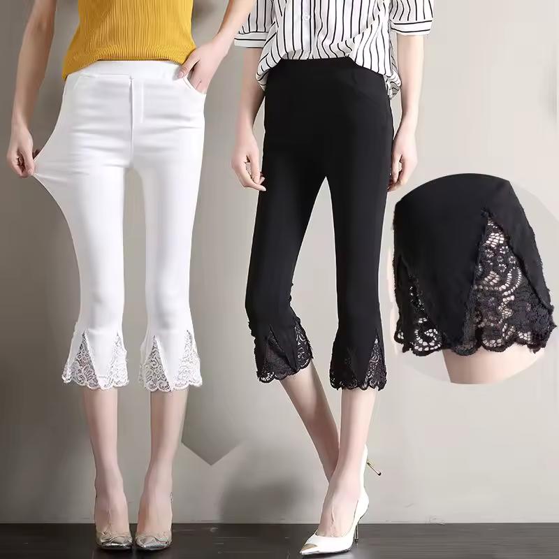 Women Summer Clothing Flare Capris Pants Thin Splicing Lace Elastic High Waist Solid Casual Slim Trousers
