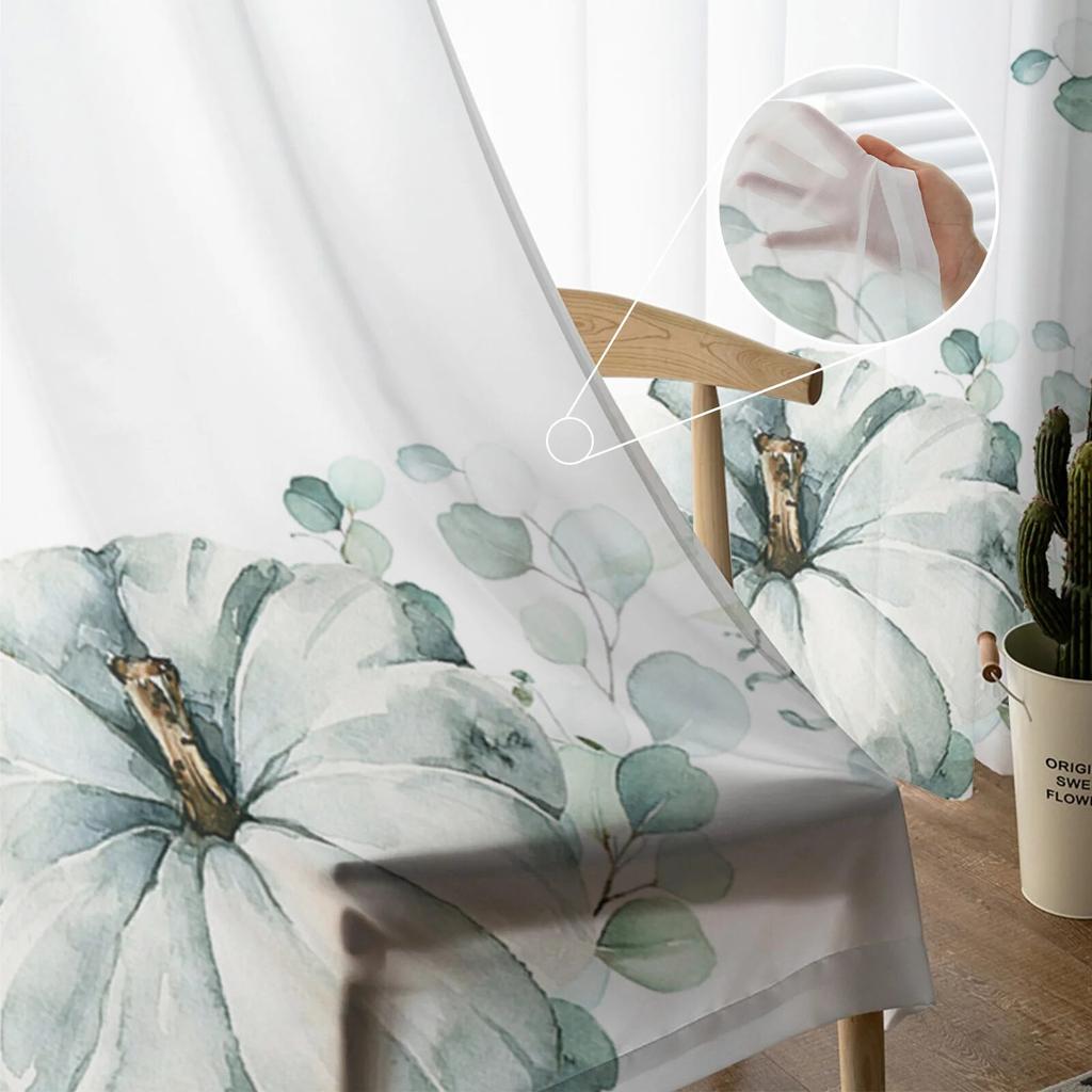 Ringraziamento Autunno Eucalipto Zucca Camera da letto Tende Trasparenti Voile Tulle Decorazione Festiva Finestra