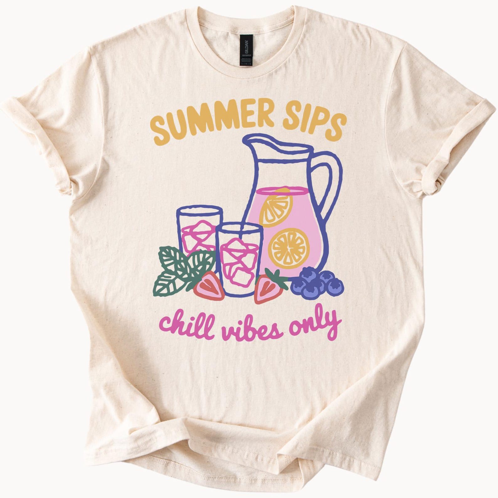 Summer Sips Chill Vibes Only Graphic Tee Lemonade Pitcher Strawberry Blueberry Fruit Fun Summer Shirt Trendy Drink TShirt 110
