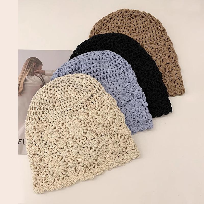 Atmungsaktive Ausgehöhlte Strickmütze Blumen Lässige Baskenmütze Sommer Blumen Atmungsaktive Baumwolle Skullies Sonnenschirm Frauen