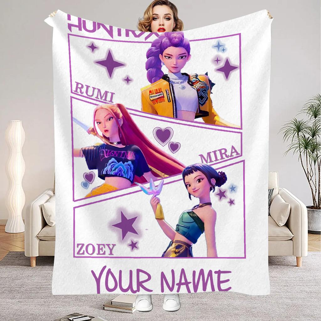 K-Pop Demon Hunters Huntrix Custom Name Blankets Living Room Sofa Christmas Bithday Gifts For Kids Soft Flannel Throw Blanket