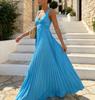 Nuovo vestito lungo estivo europeo e americano con scollo a V, pieghettato, con spalline, vita a campana, stile vacanza da donna