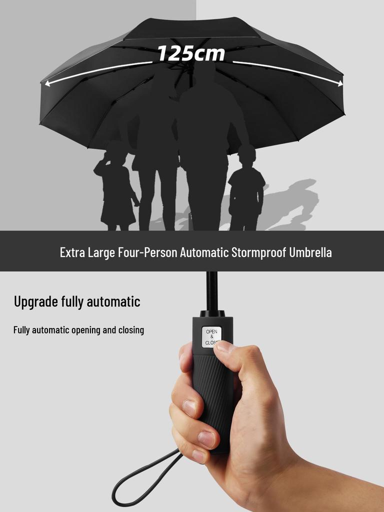Fully Automatic 10-Rib Extra Large 125CM Black Glue Reinforced Anti-UV Dual-Use Umbrella for Sun and Rain