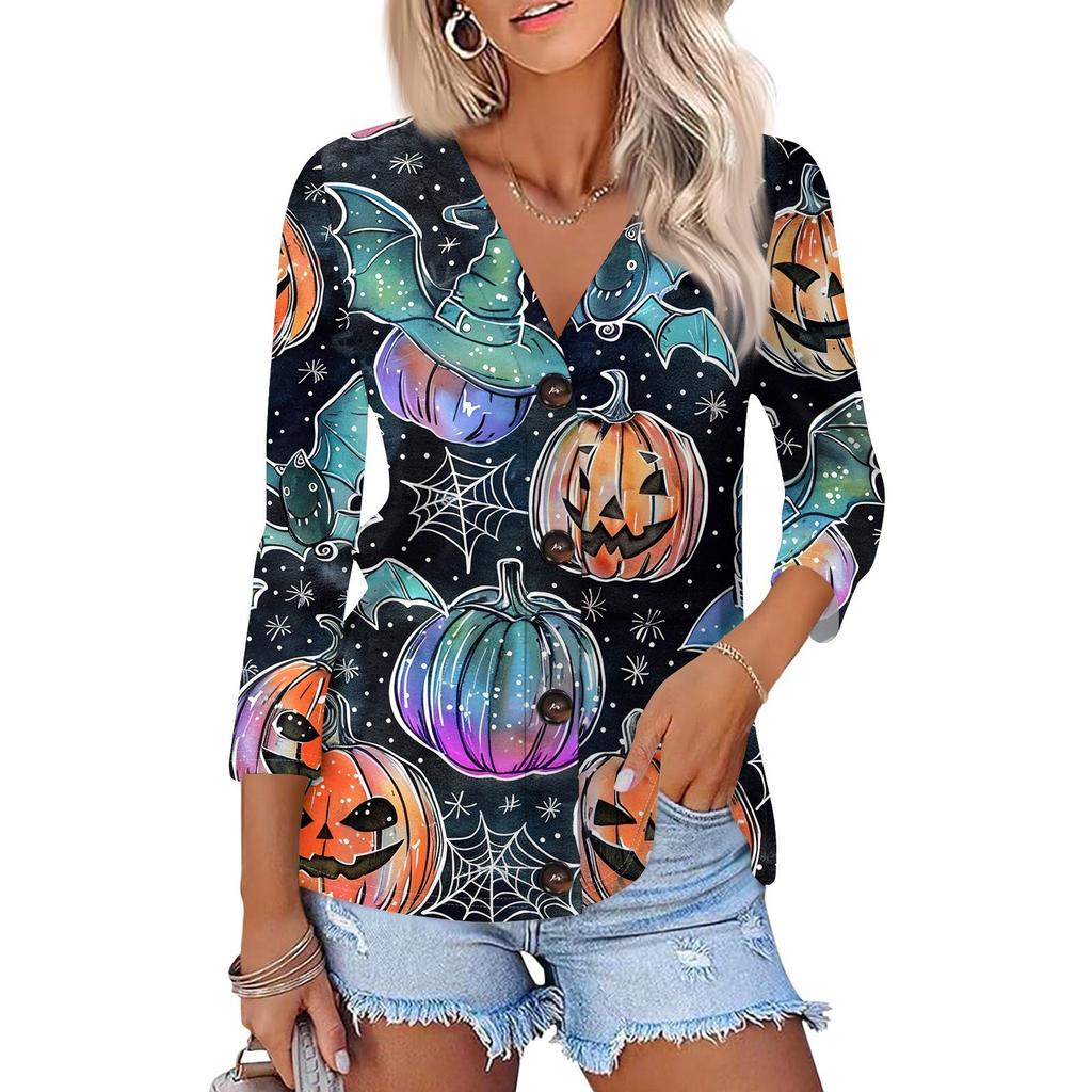 Damenmode Lässiges bedrucktes Button-Down-Hemd 3/4 lange Ärmel Oberteile