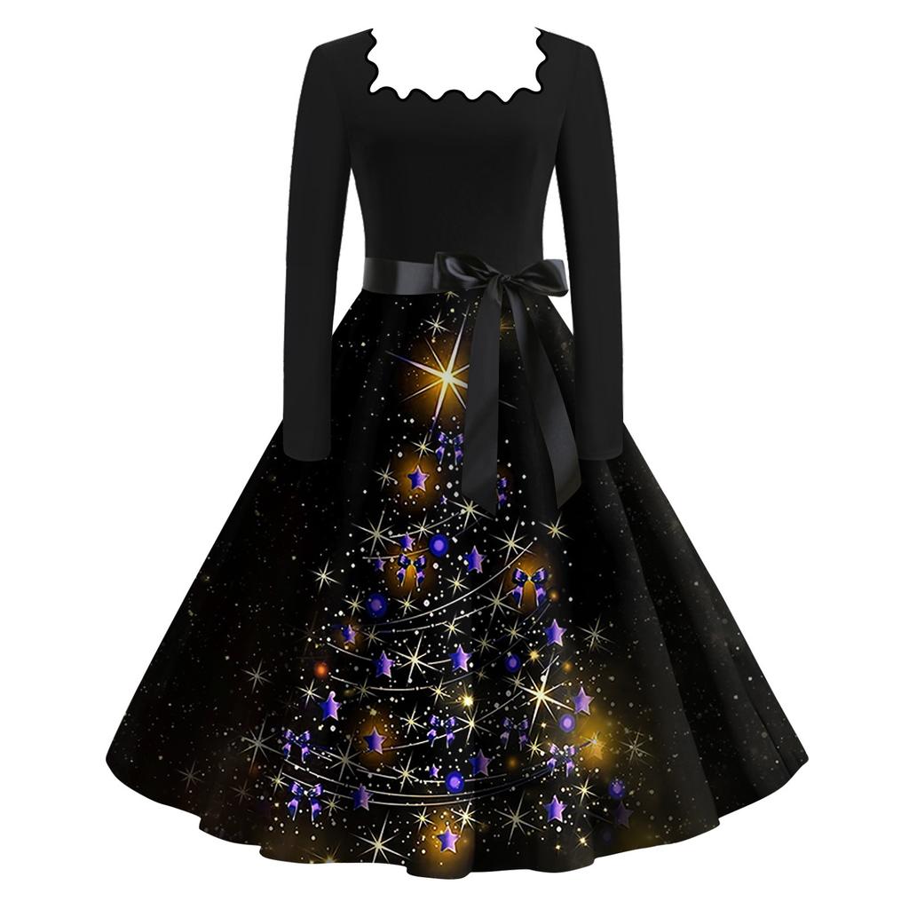 Women's Fashion Square Neck Casual Slim Christmas Printed Long Sleeve Dresses