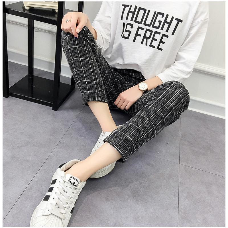 Shein Kordelzugsaum Hose Karomuster Aufgerollt Stilvoll Hohe Taille Harems Hose In Grau