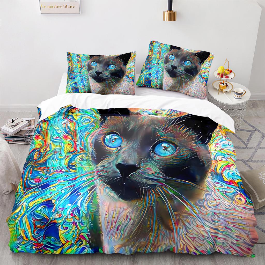 Cat Duvet Cover Set King Size Cute Cats Pattern Bedding Set Decorative Animal Polyester Comforter Cover with Pillowcases for Kid