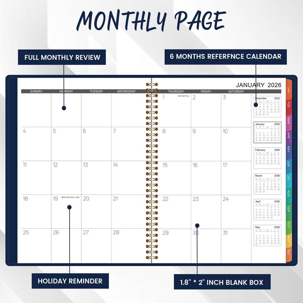 2026 Monthly Planner - 2026 Planner, Jan. 2026 - Dec. 2026, 9" x 11", 2026 Monthly Calendar,12 Colorful Tabs, Faux Leather, Pocket, Note Pages,