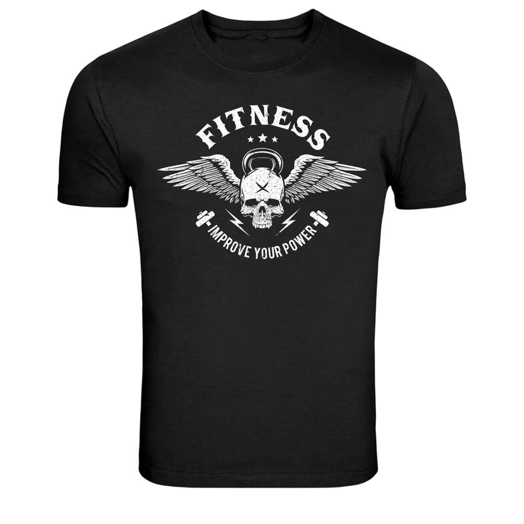 Fitness Skull Wings Kettlebell Gym Workout Graphic T-Shirt