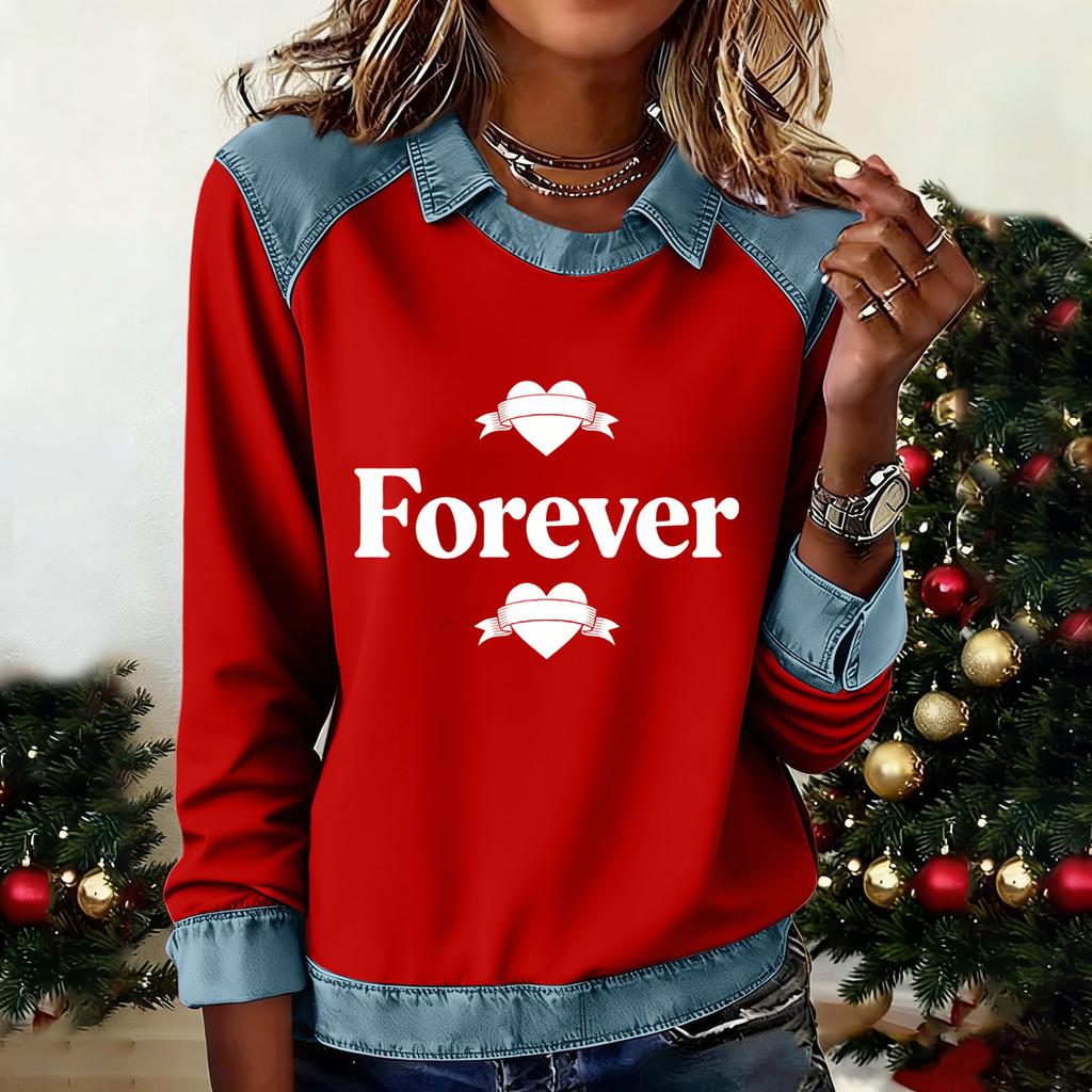 Women's Fashion Flared Long Sleeve Denim Patchwork Sweatshirt Valentine's Day Print Casual Pullover Top