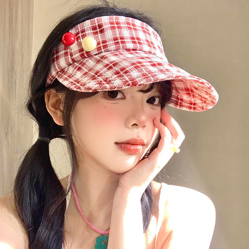 Red Plaid Empty Top Sun Protection Hat Women's Summer UV Protection Foldable Sun Hat Outdoor Travel Sun Hat