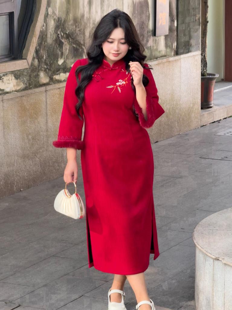 Fat MM New Chinese Literary and Retro Dress Women's Winter New Long-sleeved Fashion Cheongsam