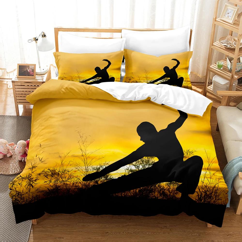 Chinese Kungfu Duvet Cover Black Cartoon Martial Artist Silhouette for Adult Teens Boys China Cultural Theme Bedroom Decoration