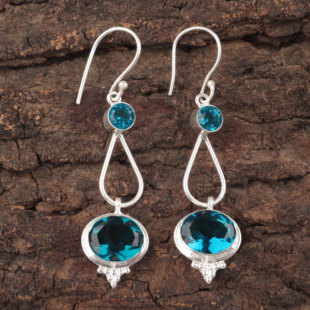 925 Sterling Silver Earrings 2.50" Apatite Natural Gemstone Handcrafted Jewelry EE-132-13