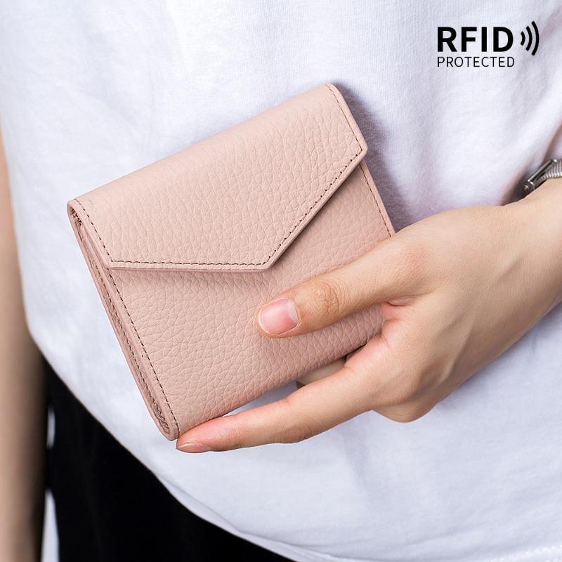 Leather new wallet three-fold women's multi-card card bag RFID cowhide ultra-thin short clutch bag large capacity
