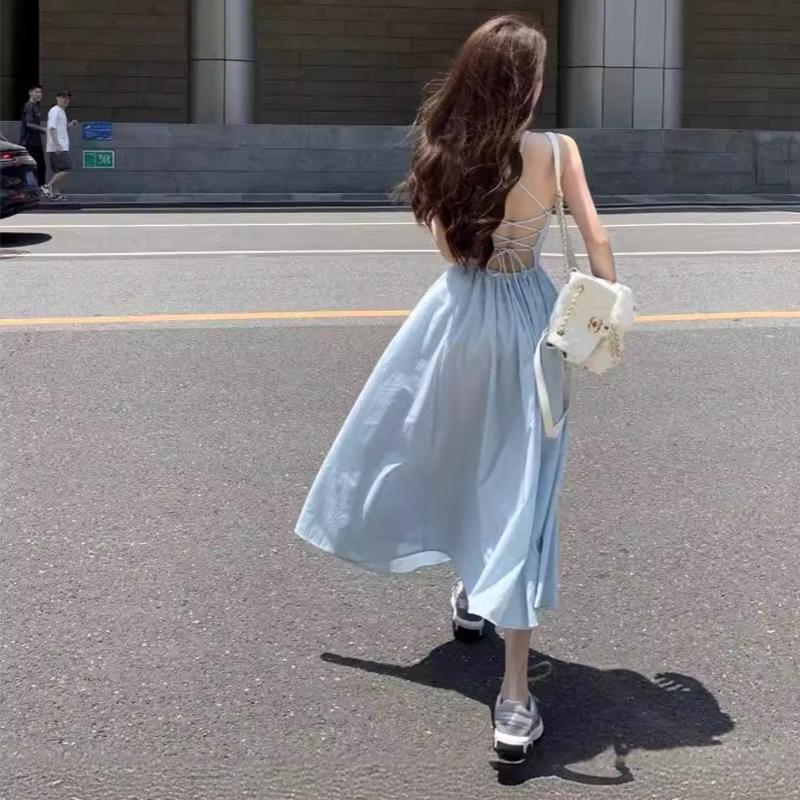 Beach Resort Camisole Dress for Women In Summer, Shoulder Length, Waist Up, Backless Skirt with Straps, A-line Skirt