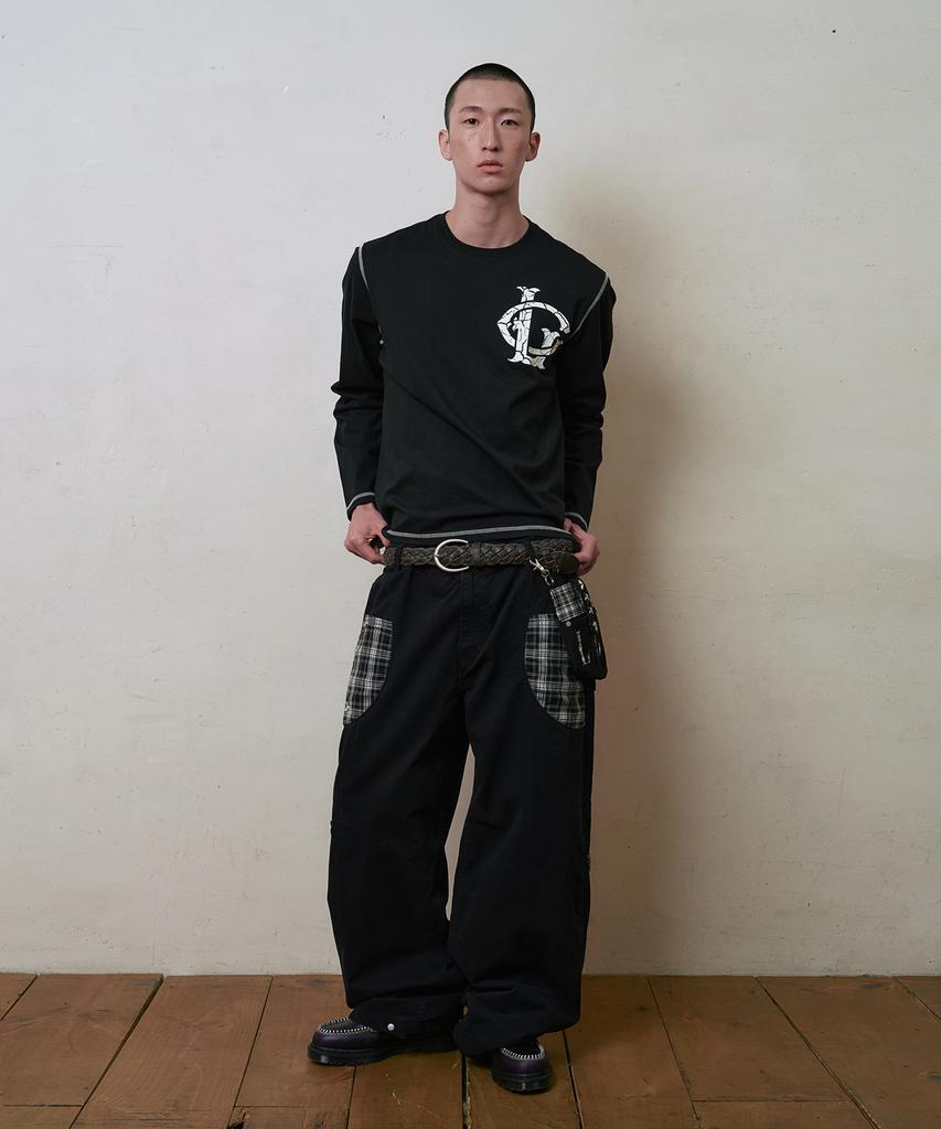 Lujeoseukeulleob Check Patch Wide Cotton Pants Black