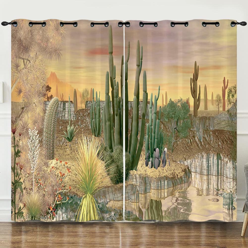 Curtains Fresh Green Plants Hand-Painted Cactus 3D Digital Printing Blackout Curtain Punching