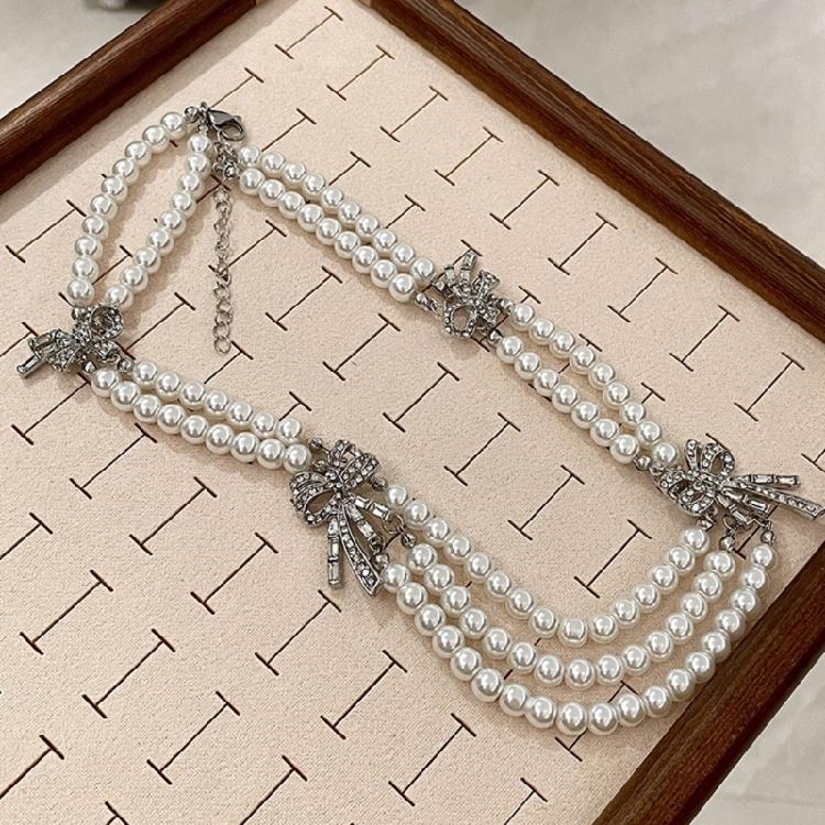 Imitation Pearls Necklace with Multiple Strands Rhinestones Bowknot Clavicle Chain Handmade Adjustable Length Neckchain