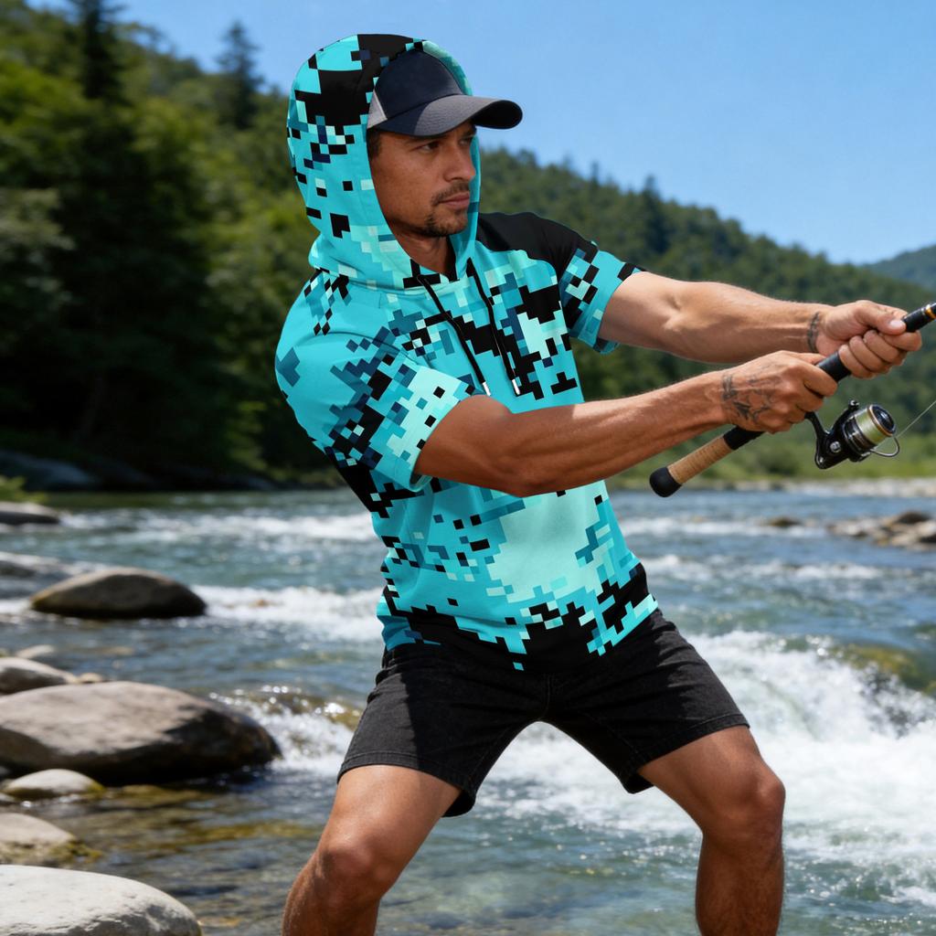 Men's Camouflage Print Raglan Sleeve Casual Sport Fishing Sun Protection Short Sleeve Hoodie Lightweight Breathable Outdoor Shirt