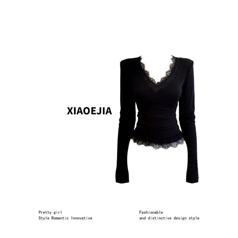 Xiaoejia Pure Desire Style Lace Trim V-Neck Long-Sleeve T-Shirt Slim Fit Fleece-Lined Base Shirt for Women