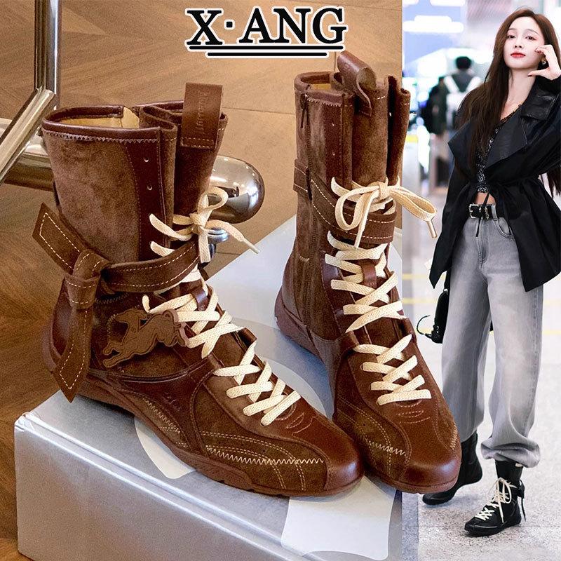 Cowhide version Maillard brown boxing boots inner height increase Martin boots women's retro locomotive boots outdoor mid boots