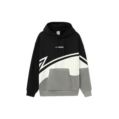 Li Ning Sport Lifestyle Serie Geborduurd Logo Kleurblok Fleece Pullover Hoodie Unisex Sweatshirt Zwart Grijs AWDRB82-3